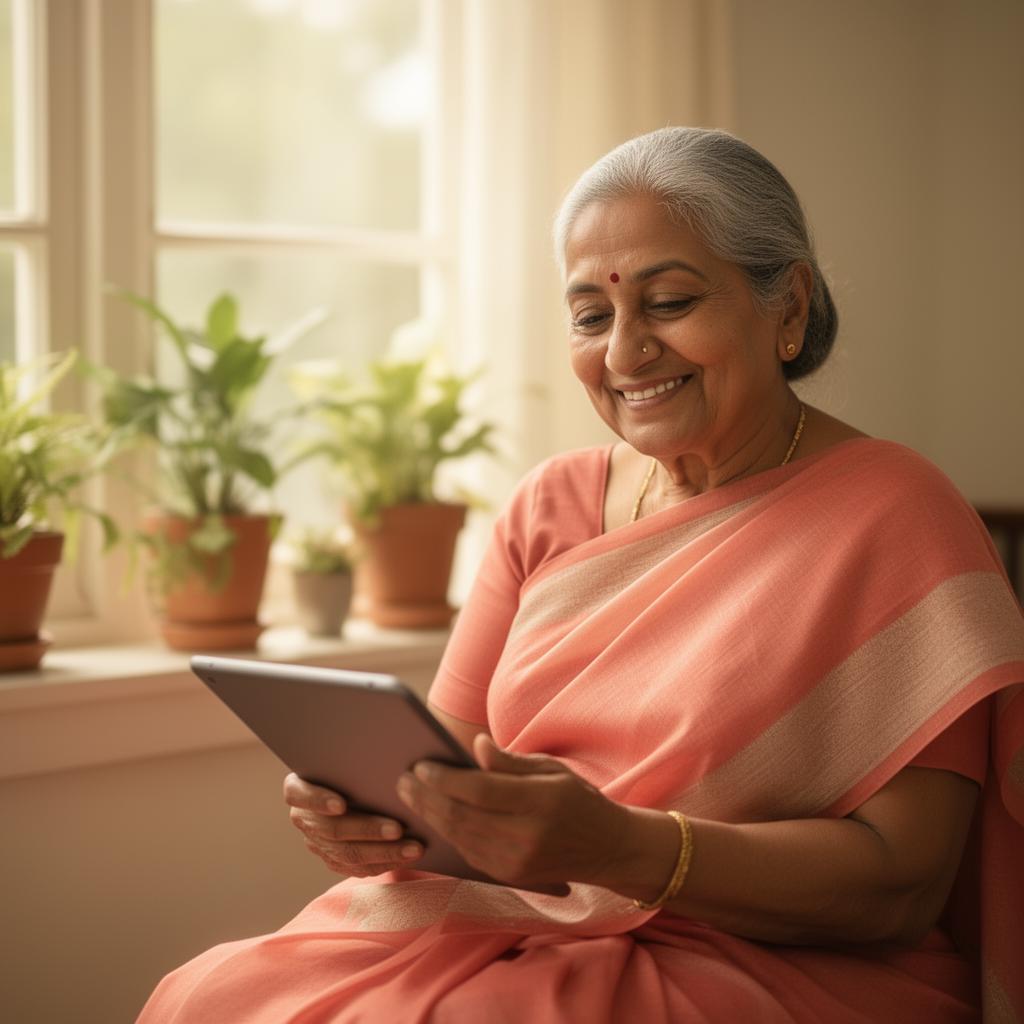 Smiling elderly Indian woman using the AHAM app on a tablet at home